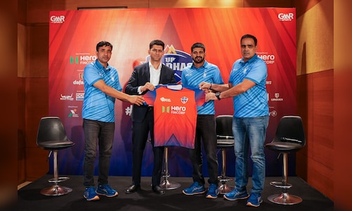 Up yoddhas jersey launch l r asst coach upendra malik gmr sports ceo satyam trivedi captain sumit sa.jpeg